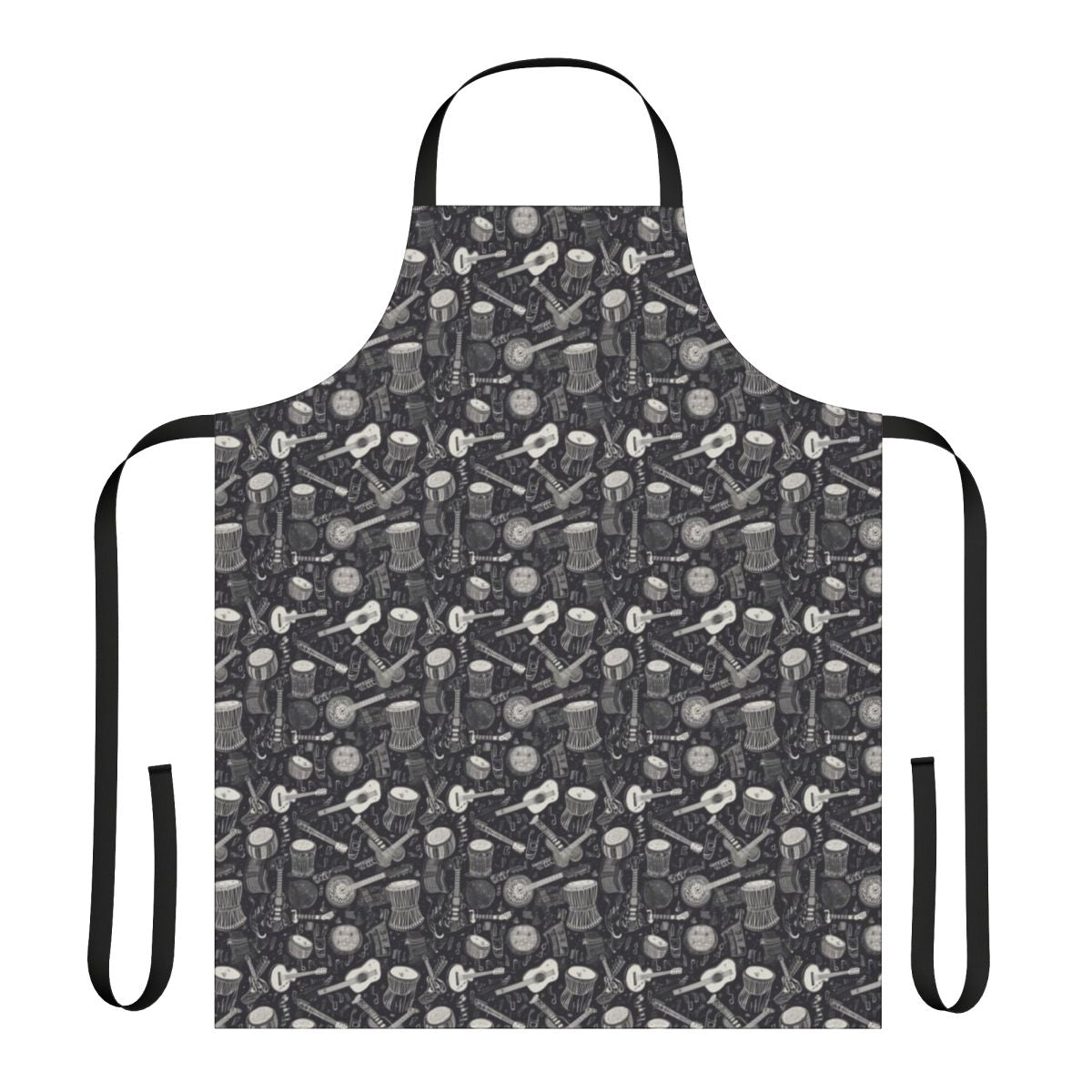Stylized apron featuring congo drums and guitar silhouettes against a monochrome background