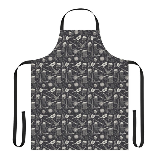 Stylized apron featuring congo drums and guitar silhouettes against a monochrome background
