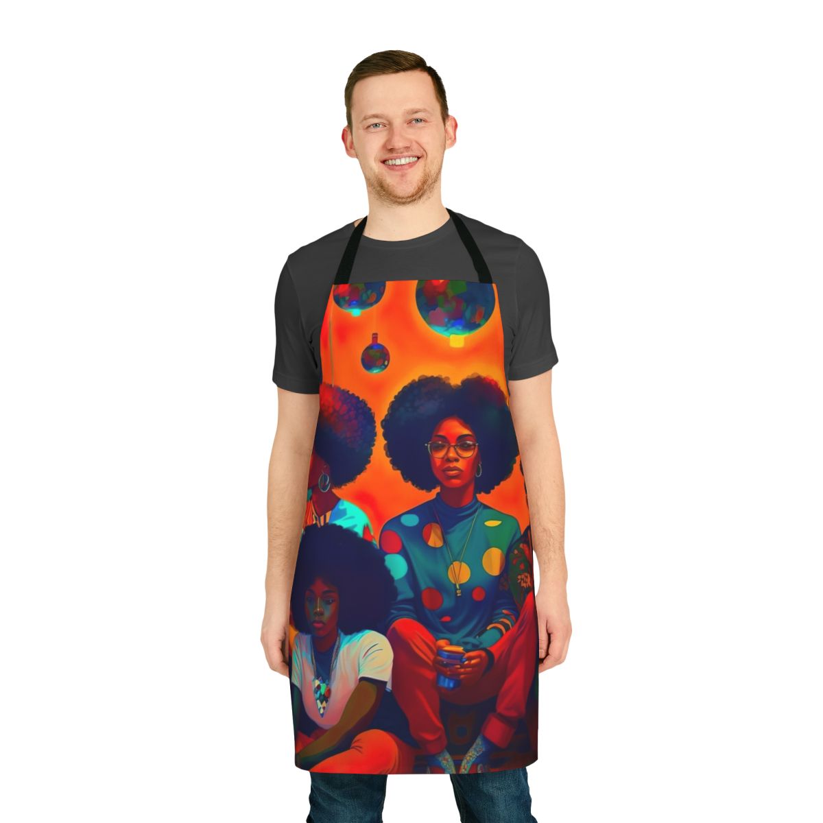 An afrofuturistic apron featuring vibrant rainbow colors, AI-generated futuristic art, and a celebration of black culture and creativity.
