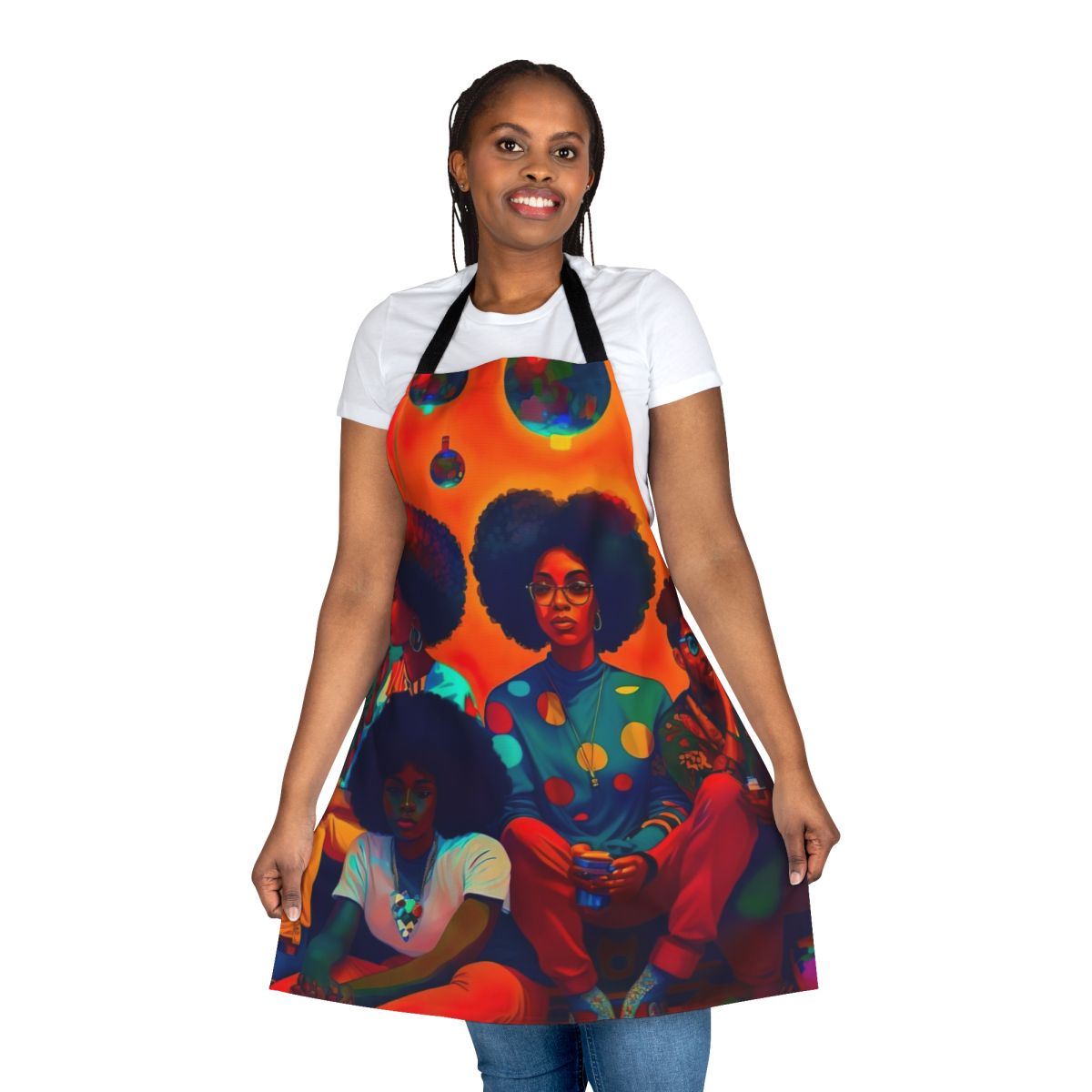 An afrofuturistic apron featuring vibrant rainbow colors, AI-generated futuristic art, and a celebration of black culture and creativity.