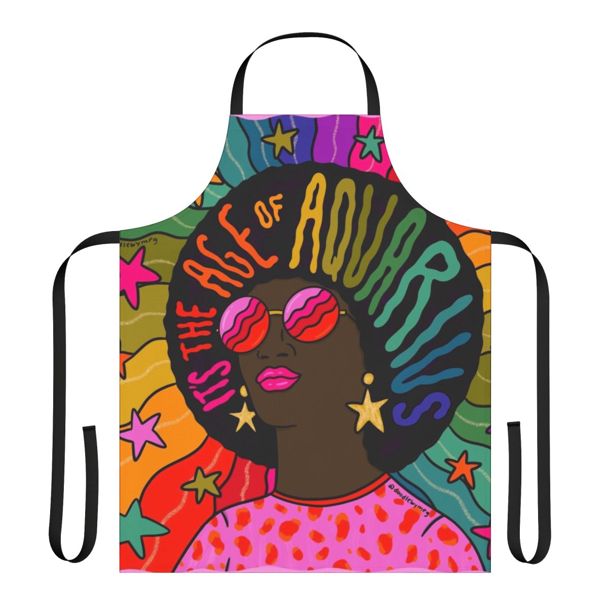 Colorful Age of Aquarius themed apron with psychedelic graphics and vintage 60s 70s styling