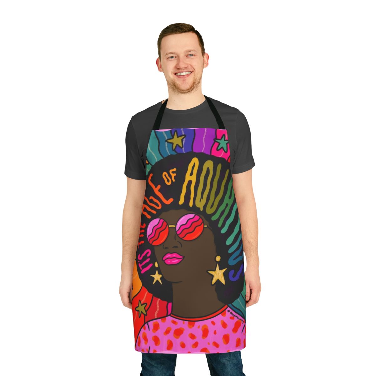 Colorful Age of Aquarius themed apron with psychedelic graphics and vintage 60s 70s styling