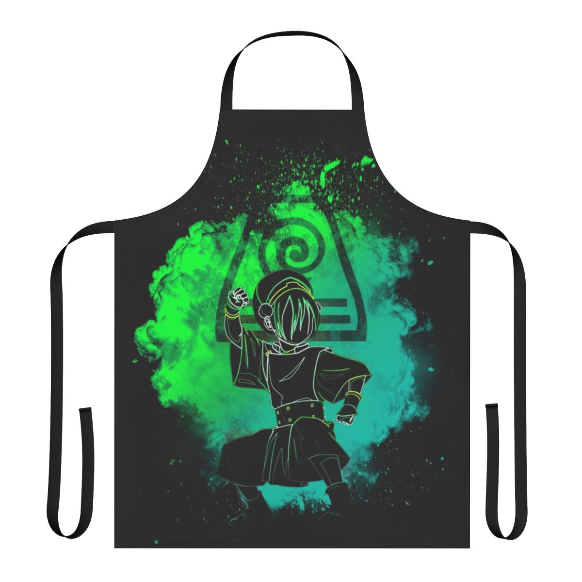 Colorful silhouette design of an airbender character on a vibrant apron