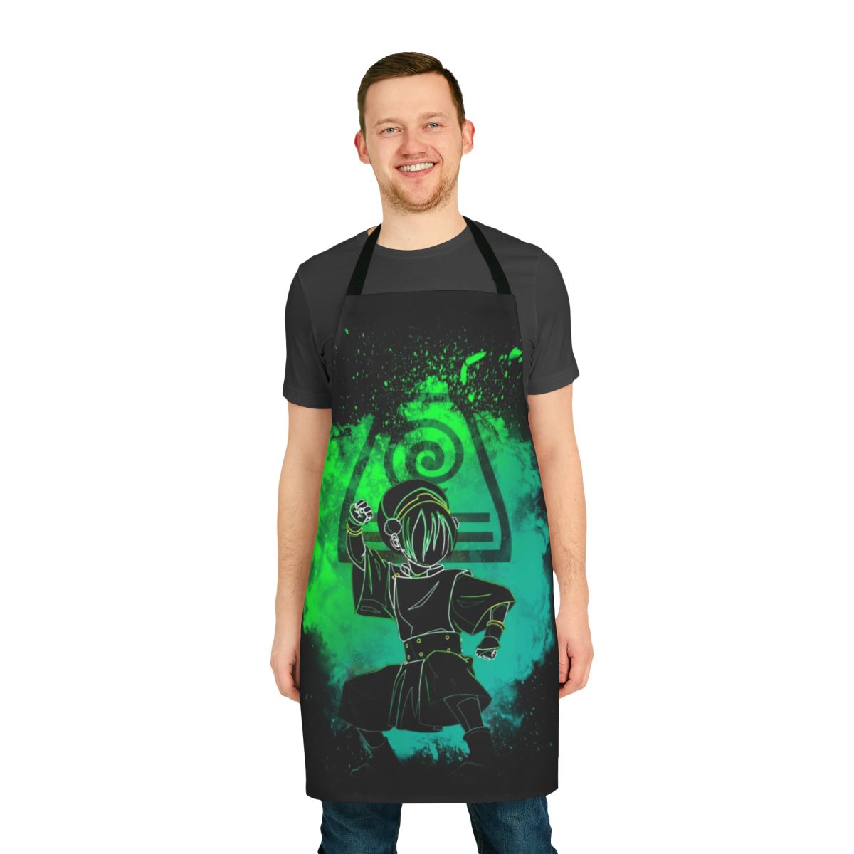 Colorful silhouette design of an airbender character on a vibrant apron