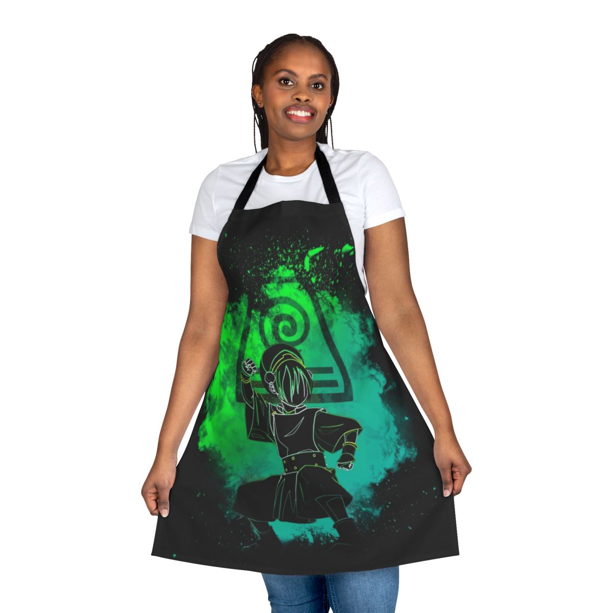 Colorful silhouette design of an airbender character on a vibrant apron