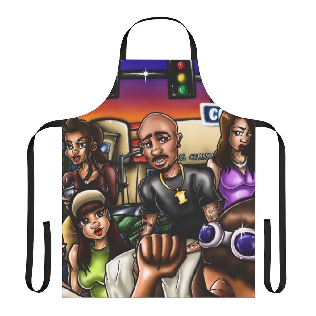 Colorful airbrush art apron featuring abstract designs and Los Angeles-inspired imagery