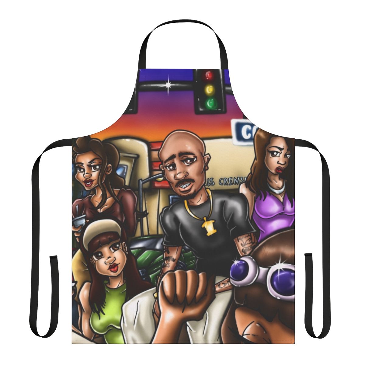 Colorful airbrush art apron featuring abstract designs and Los Angeles-inspired imagery