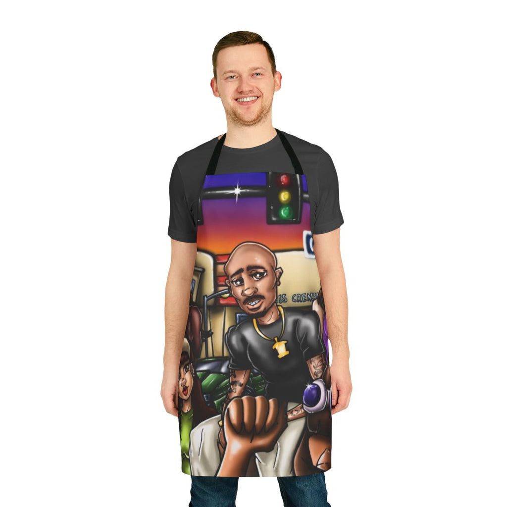 Colorful airbrush art apron featuring abstract designs and Los Angeles-inspired imagery
