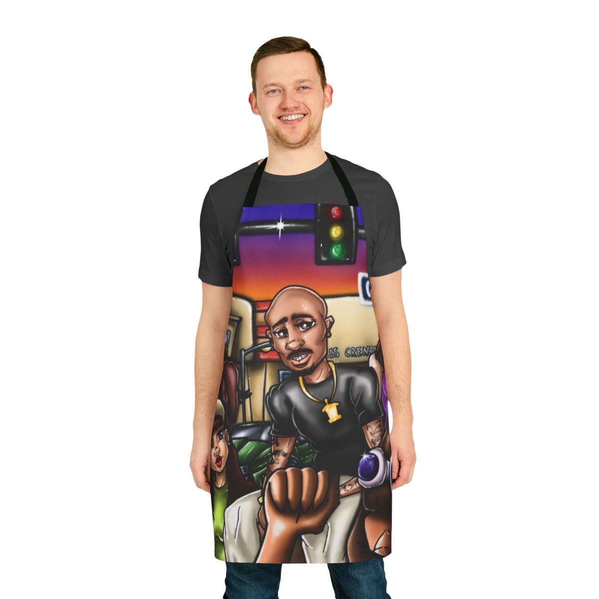 Colorful airbrush art apron featuring abstract designs and Los Angeles-inspired imagery