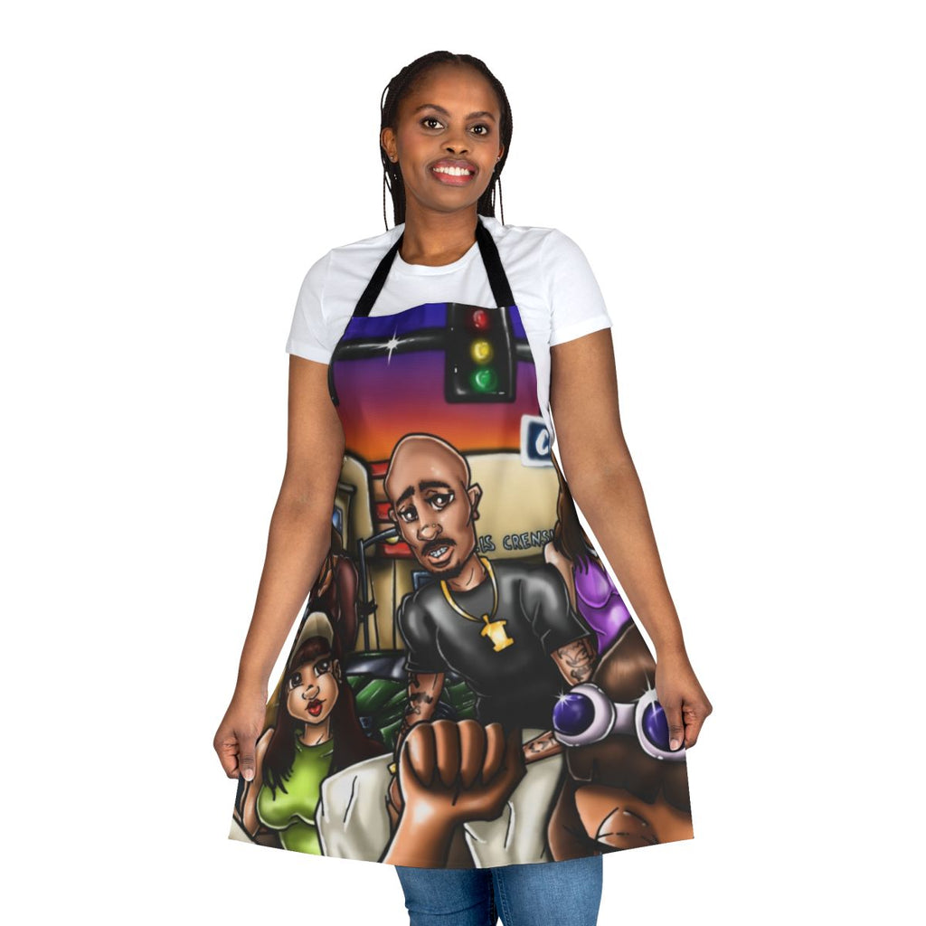 Colorful airbrush art apron featuring abstract designs and Los Angeles-inspired imagery