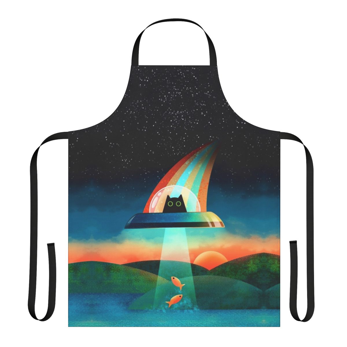 Vibrant digital illustration of an alien cat in a colorful, space-themed apron