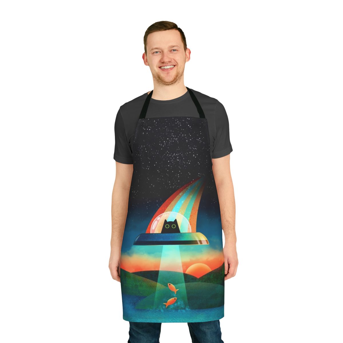 Vibrant digital illustration of an alien cat in a colorful, space-themed apron