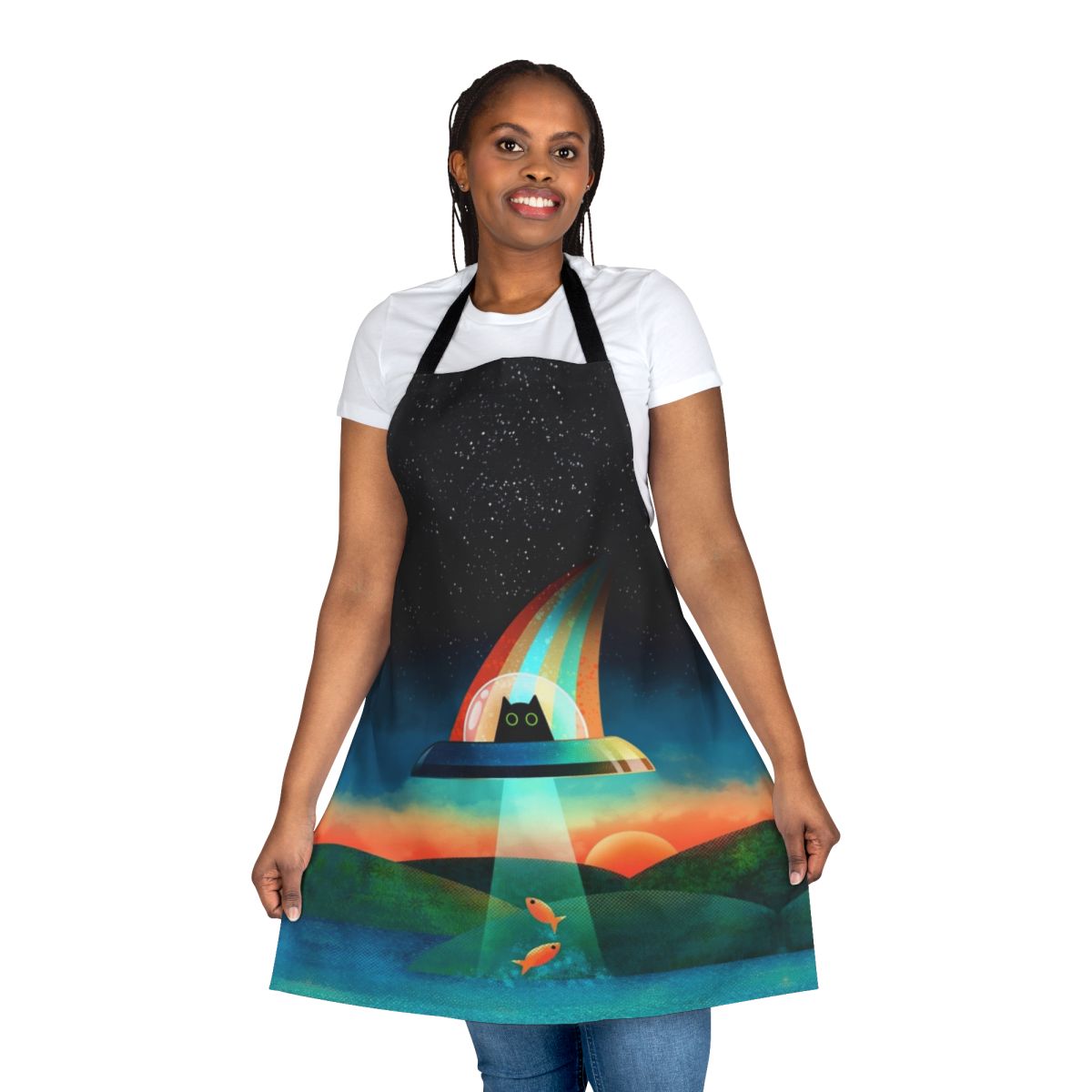 Vibrant digital illustration of an alien cat in a colorful, space-themed apron
