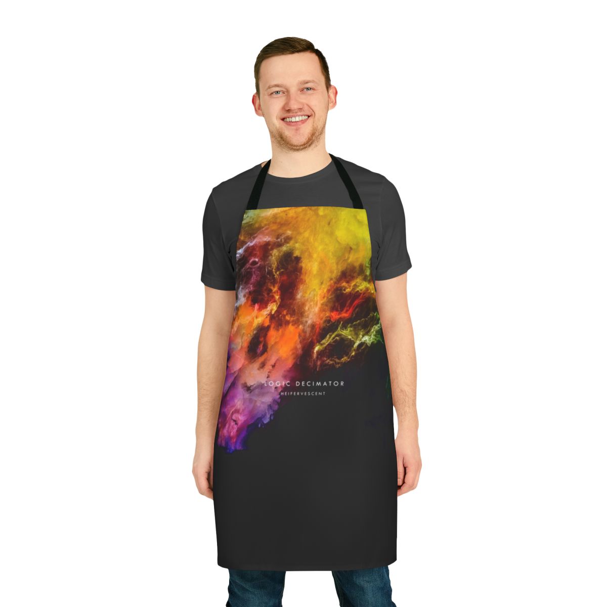 Colorful all over print apron featuring a vibrant graphic design, perfect for music fans and creative cooks.
