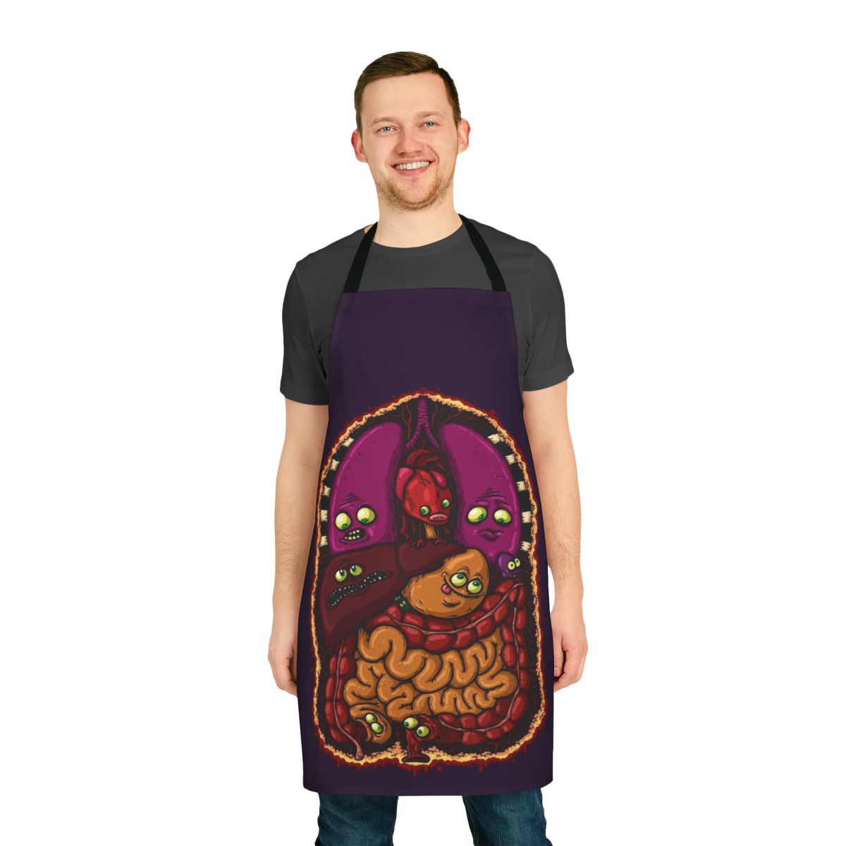 Vibrant apron featuring detailed illustrations of the human body's internal organs.