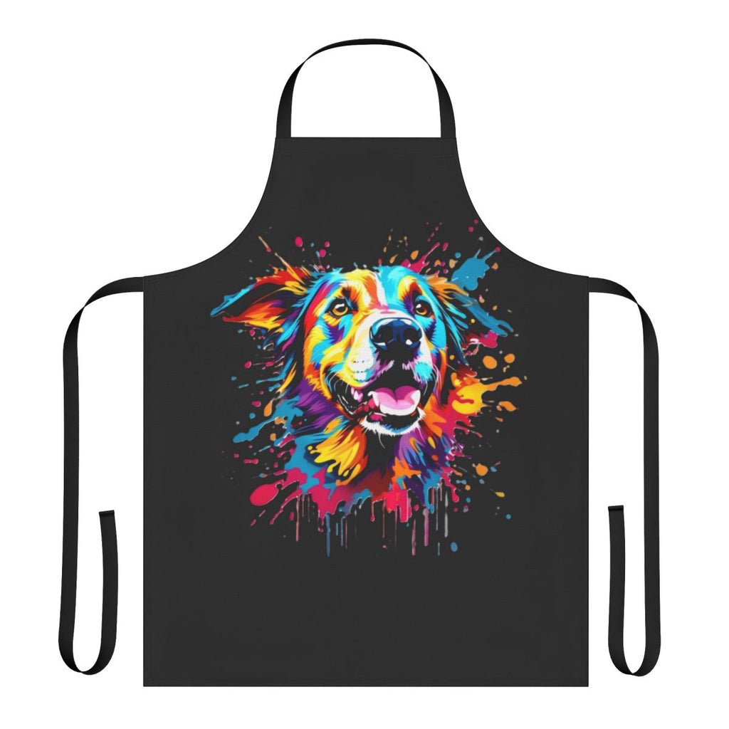 A colorful apron featuring a playful dog and splash design