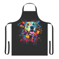 A colorful apron featuring a playful dog and splash design