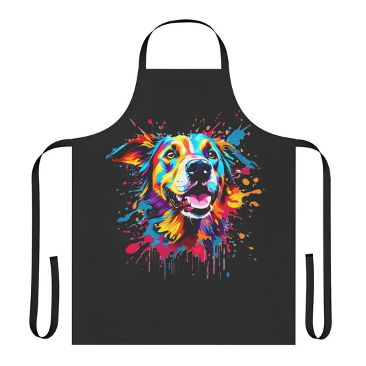 A colorful apron featuring a playful dog and splash design