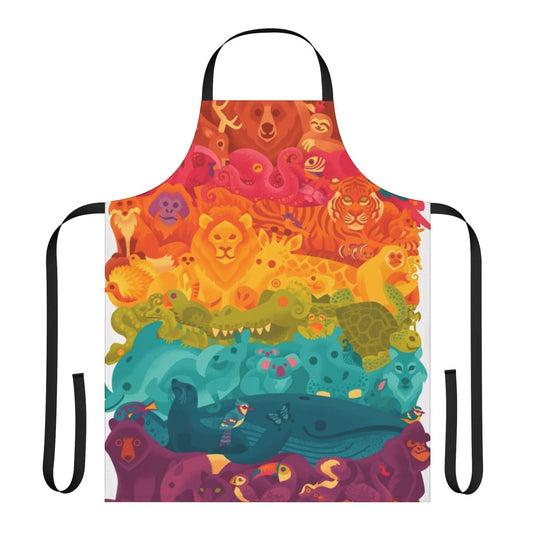 A colorful apron featuring a whimsical print of various animals in a rainbow spectrum design.