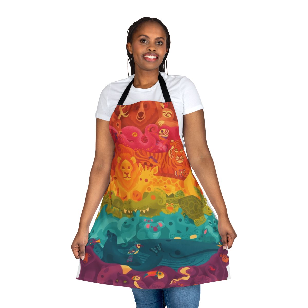 A colorful apron featuring a whimsical print of various animals in a rainbow spectrum design.