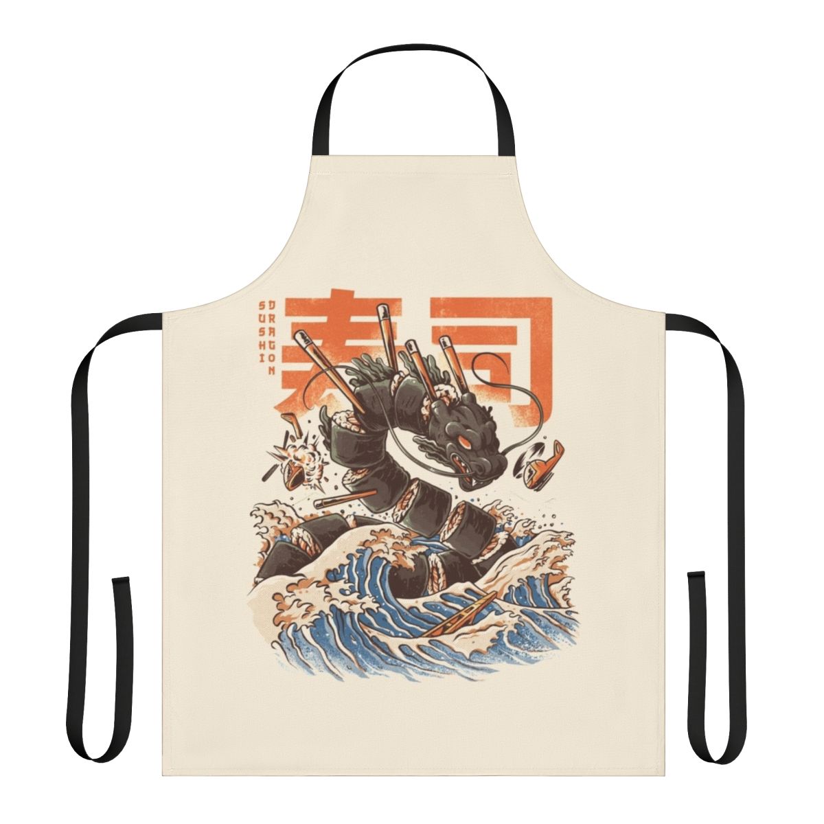 Colorful illustration of an angry anime dragon with sushi, waves, and a sea monster on an apron