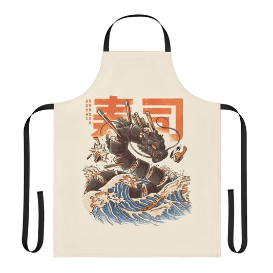 Colorful illustration of an angry anime dragon with sushi, waves, and a sea monster on an apron