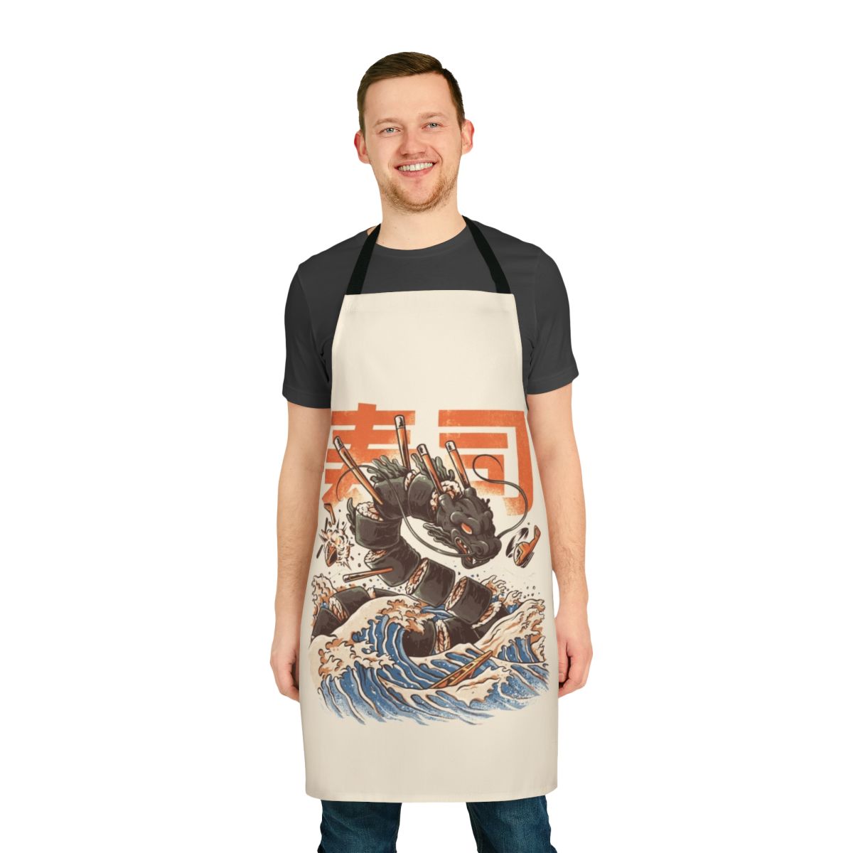 Colorful illustration of an angry anime dragon with sushi, waves, and a sea monster on an apron