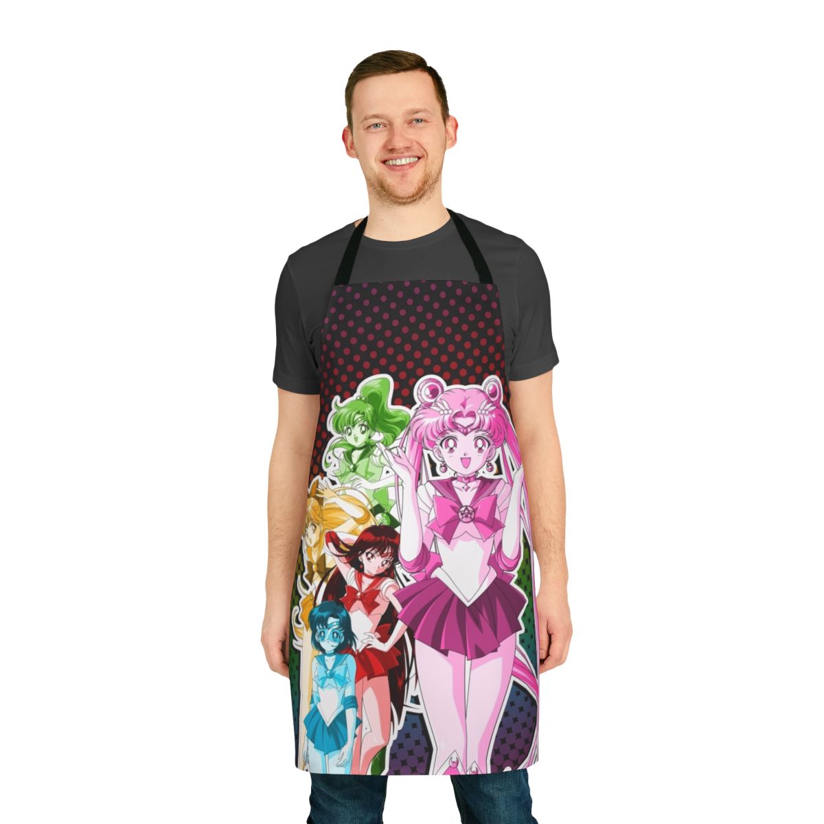 Colorful apron featuring magical girl anime-style art and designs