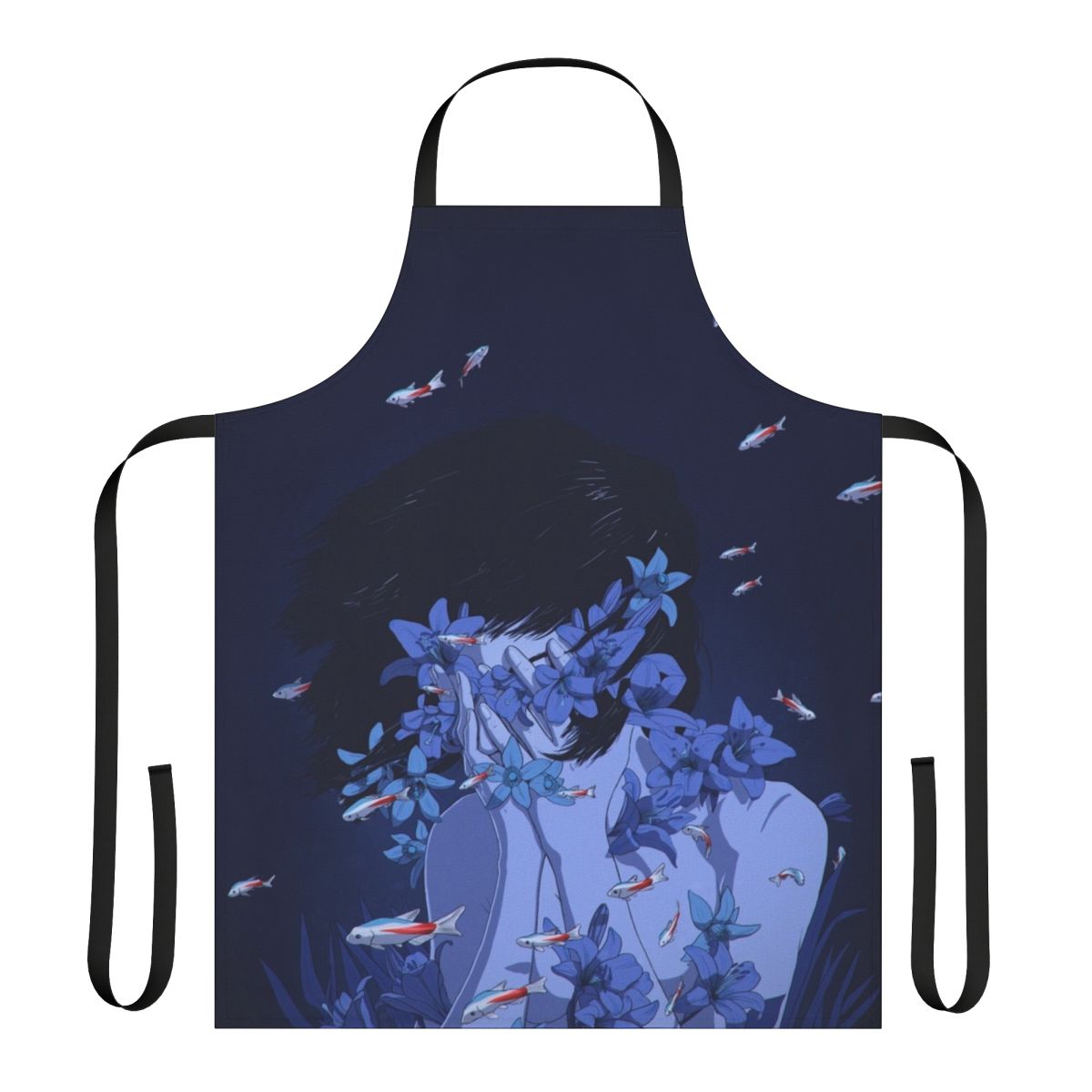Vibrant blue apron with anime-inspired floral and fish motif