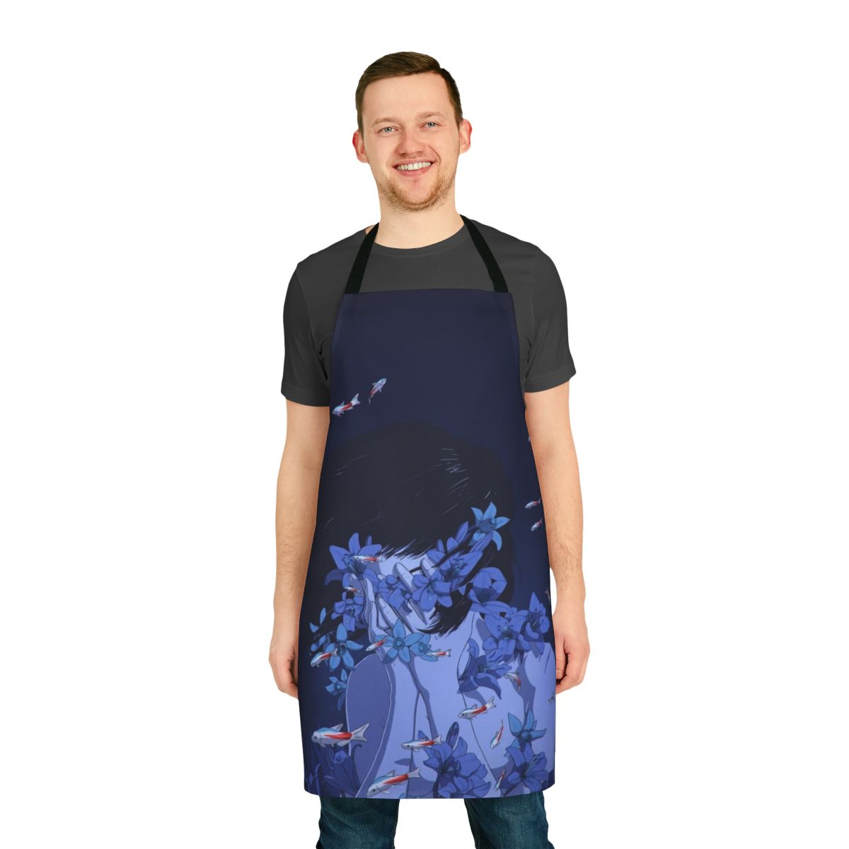 Vibrant blue apron with anime-inspired floral and fish motif