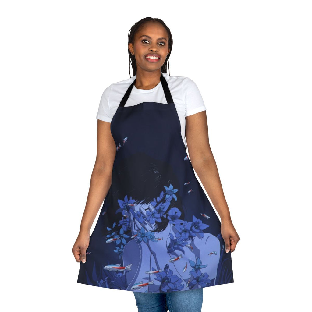 Vibrant blue apron with anime-inspired floral and fish motif