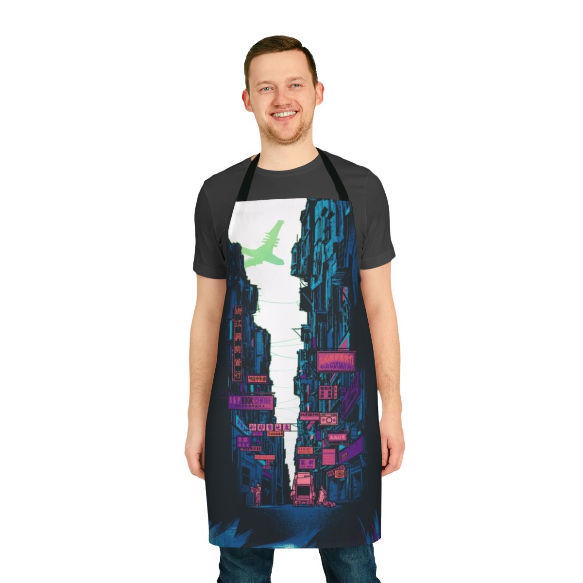 Colorful apron with cyberpunk and anime-inspired design