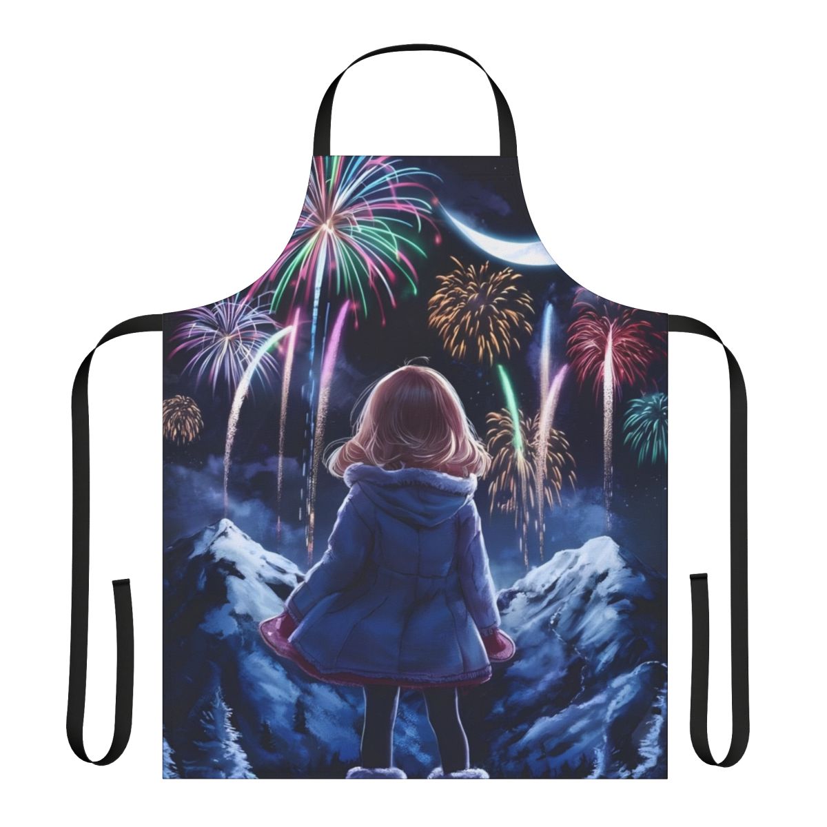 Colorful anime-style apron featuring a vibrant fireworks scene