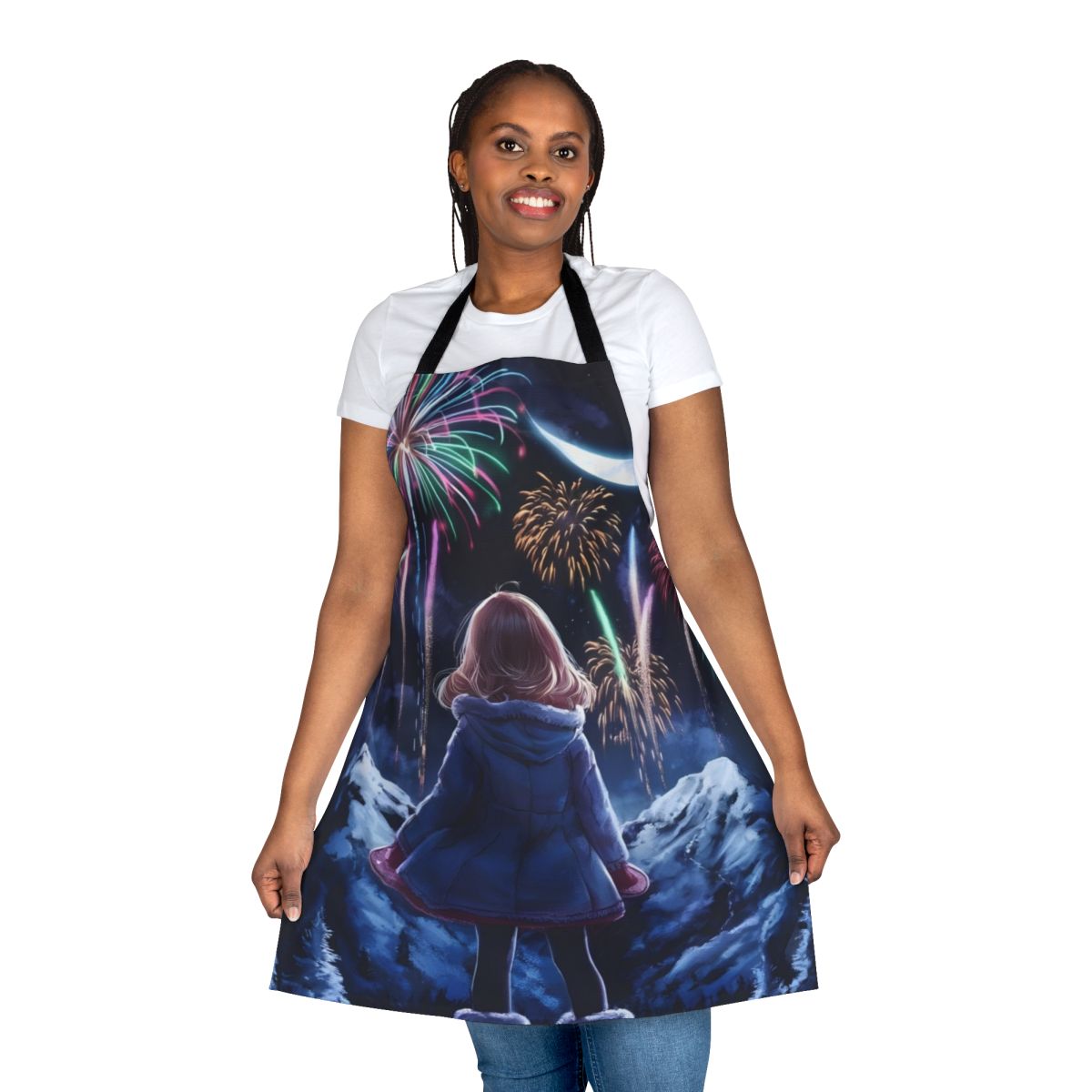 Colorful anime-style apron featuring a vibrant fireworks scene