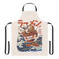 A colorful apron featuring a retro Japanese-style wave and kaiju monster design, perfect for cooking ramen and other Japanese dishes.
