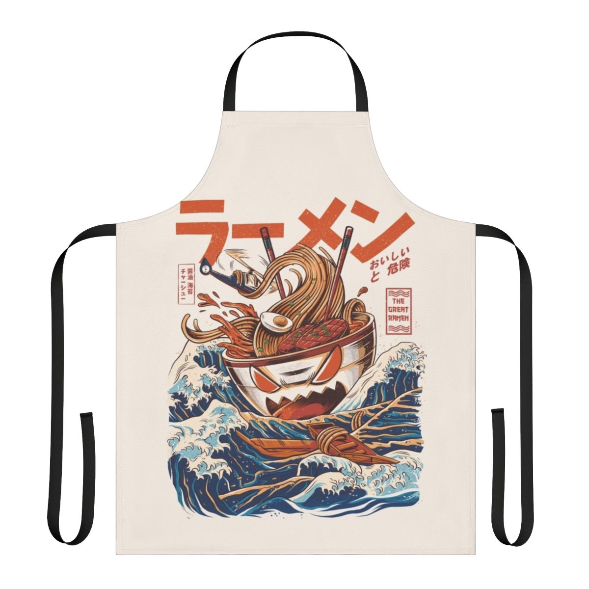 A colorful apron featuring a retro Japanese-style wave and kaiju monster design, perfect for cooking ramen and other Japanese dishes.