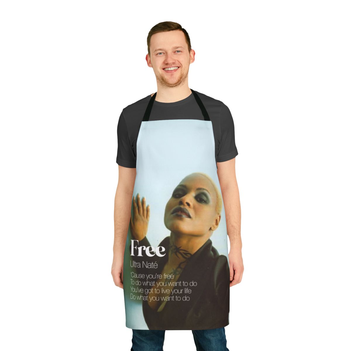 Colorful apron featuring a retro house music album cover design