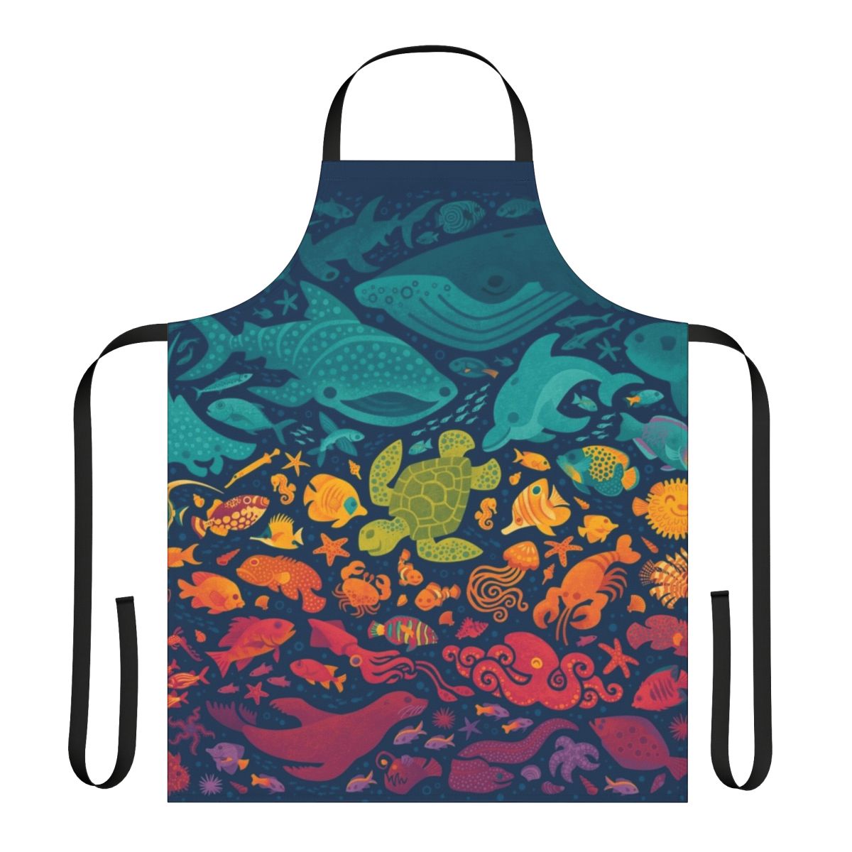 Apron featuring a vibrant, cartoon-style design of various aquatic sea creatures and marine life.