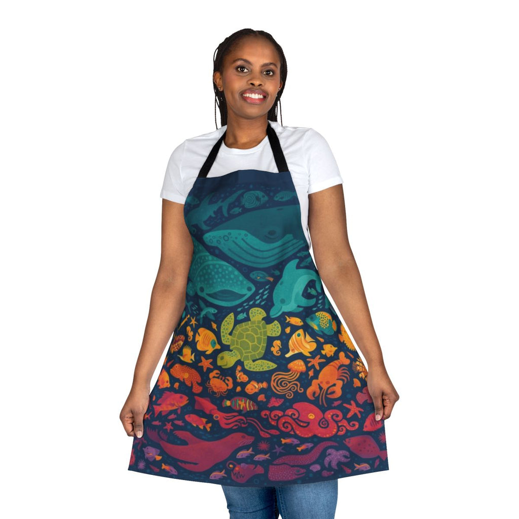 Apron featuring a vibrant, cartoon-style design of various aquatic sea creatures and marine life.