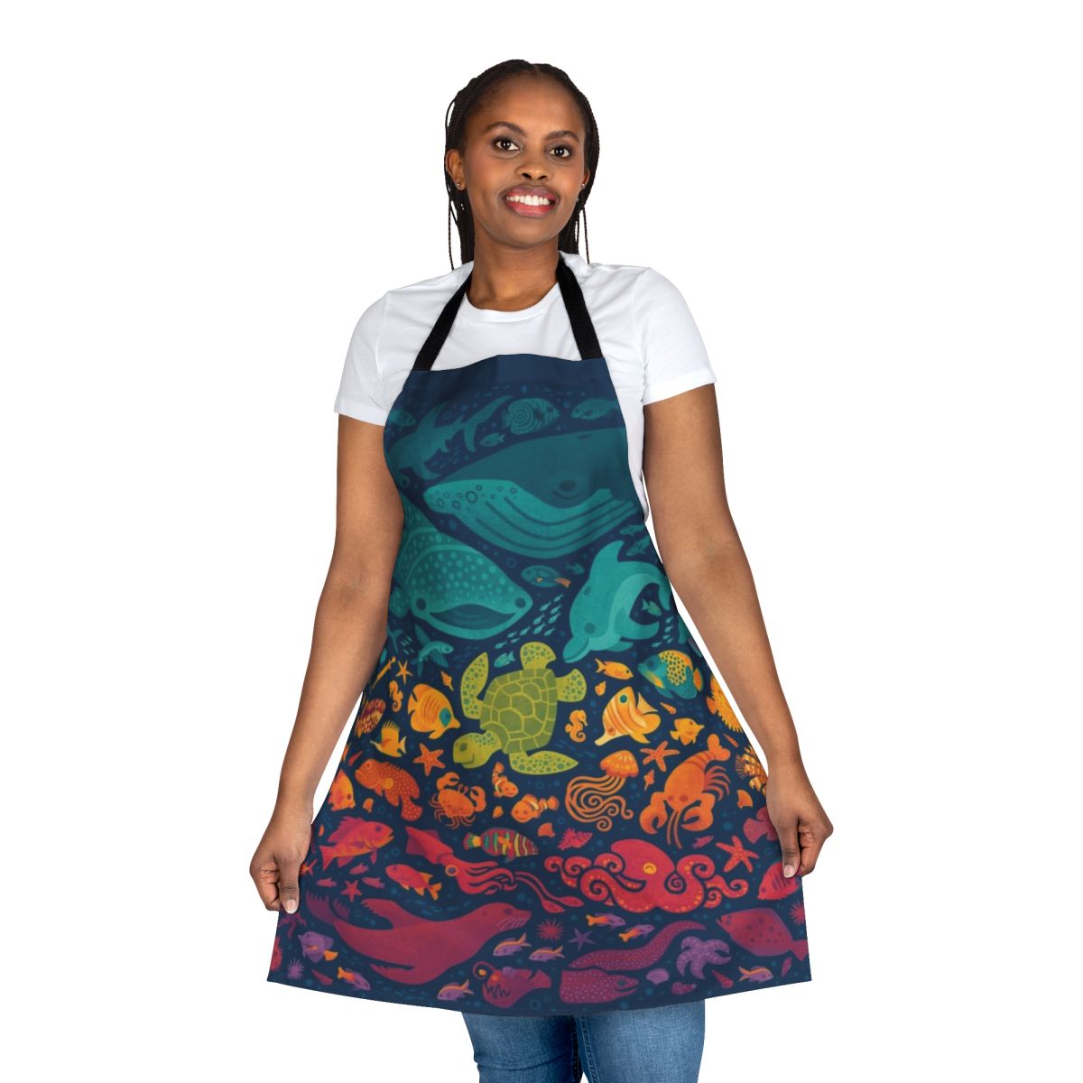 Apron featuring a vibrant, cartoon-style design of various aquatic sea creatures and marine life.