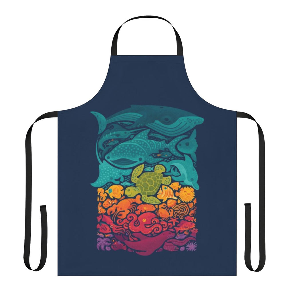 Colorful apron featuring an underwater scene with various marine animals and sea creatures