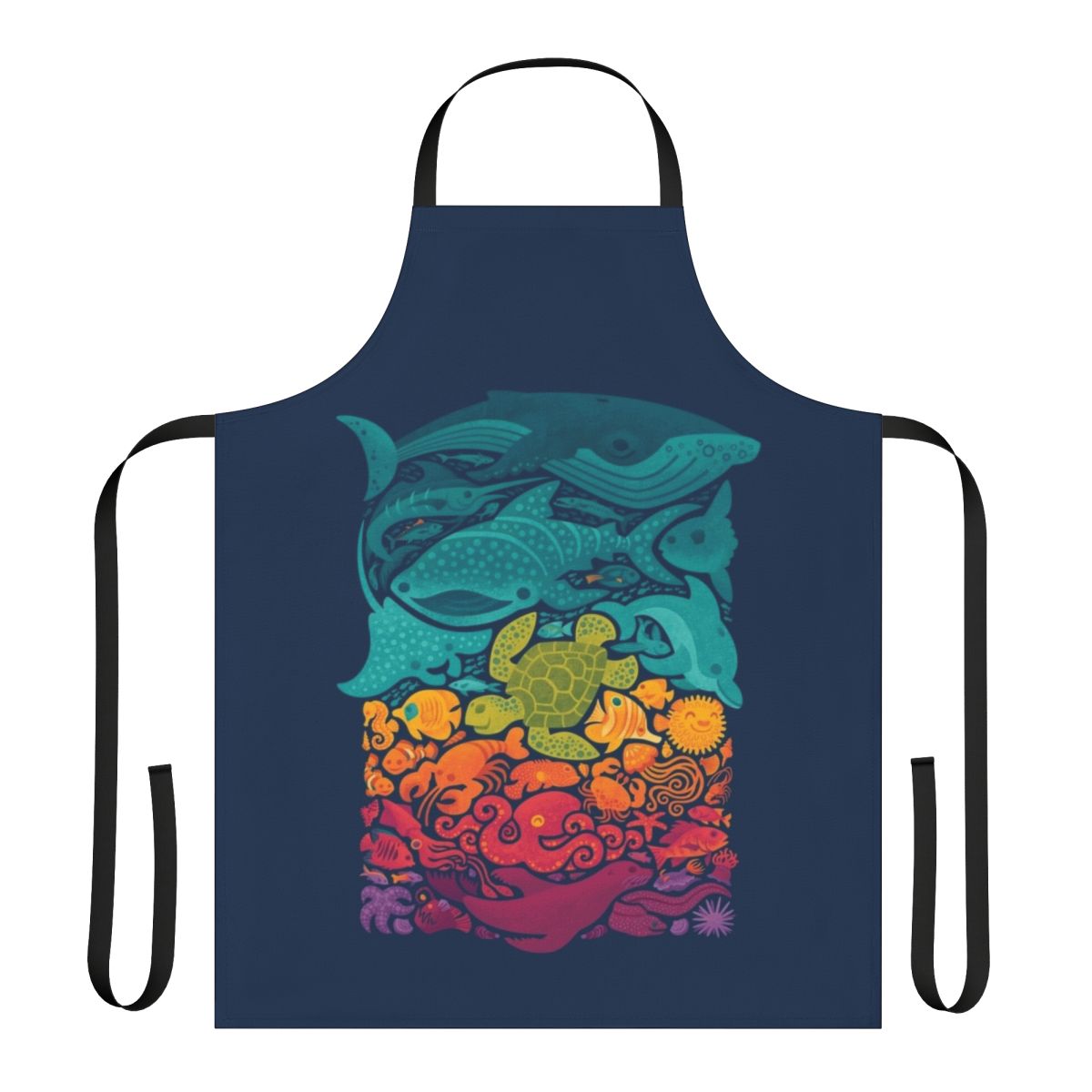 Colorful apron featuring an underwater scene with various marine animals and sea creatures