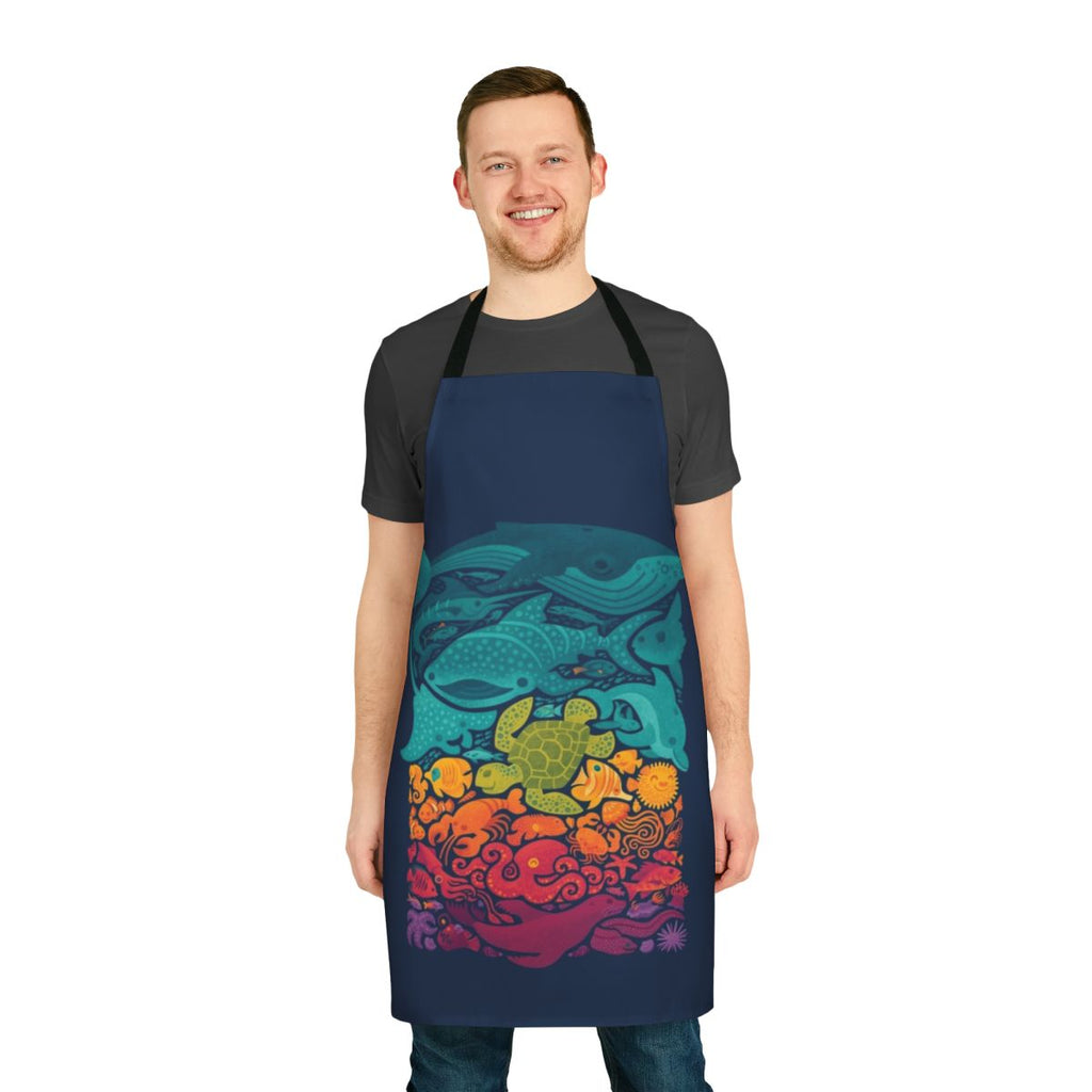 Colorful apron featuring an underwater scene with various marine animals and sea creatures