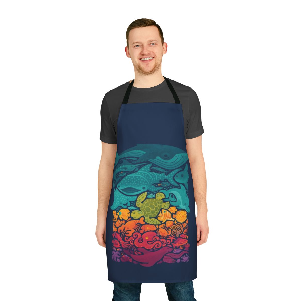 Colorful apron featuring an underwater scene with various marine animals and sea creatures