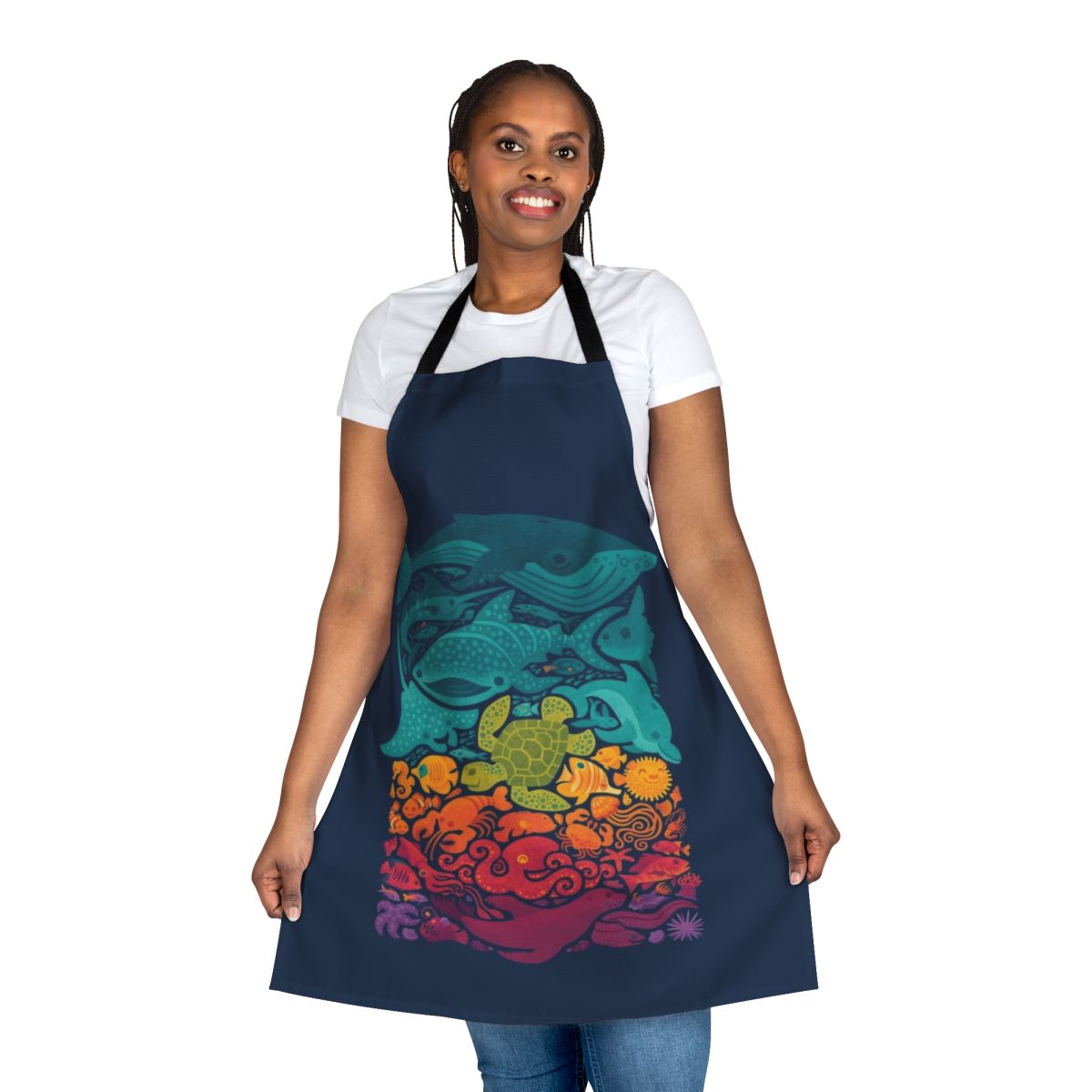 Colorful apron featuring an underwater scene with various marine animals and sea creatures