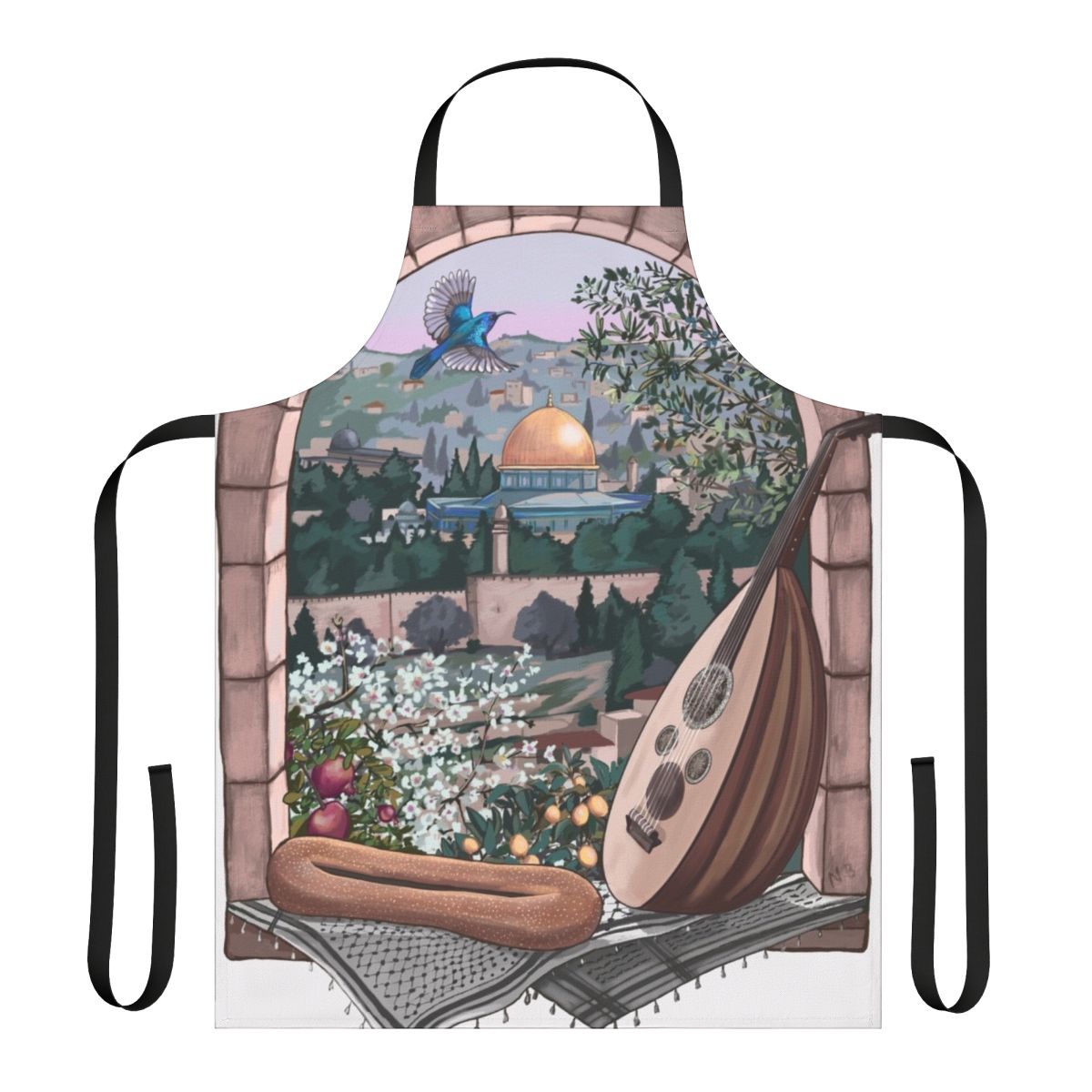 Colorful apron featuring Arabic-inspired design with olive trees, lemons, and a kuffiyeh pattern