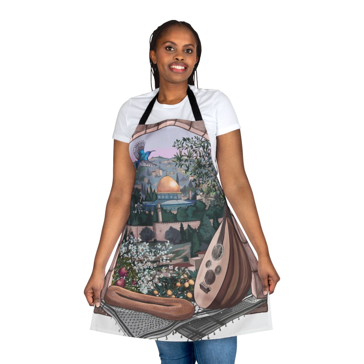 Colorful apron featuring Arabic-inspired design with olive trees, lemons, and a kuffiyeh pattern