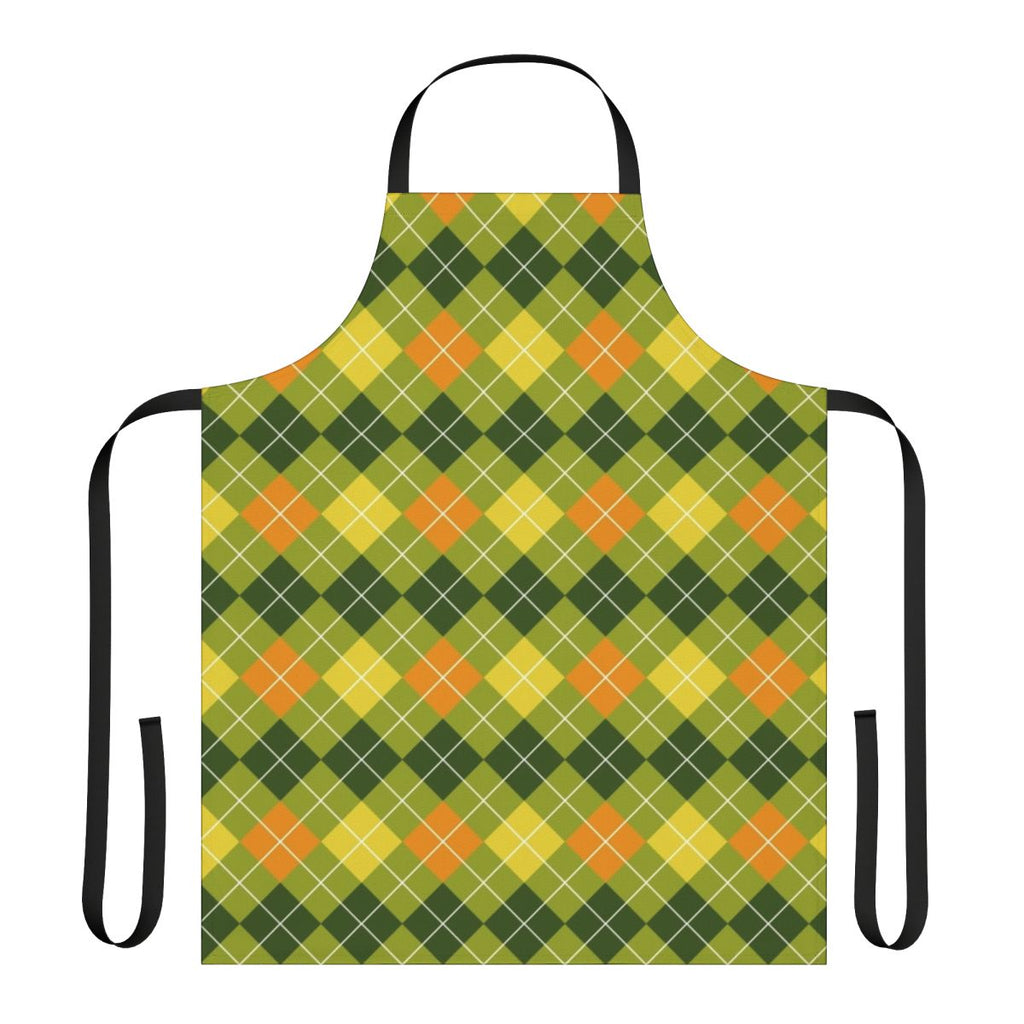 A vibrant argyle patterned apron in shades of yellow, green, and orange.