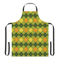 A vibrant argyle patterned apron in shades of yellow, green, and orange.