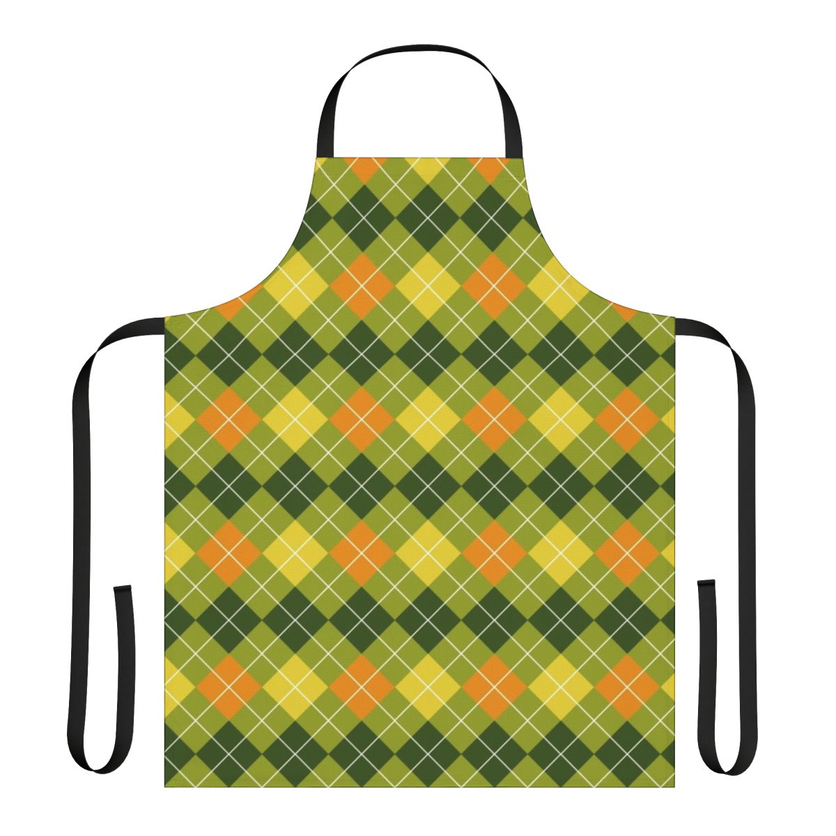 A vibrant argyle patterned apron in shades of yellow, green, and orange.